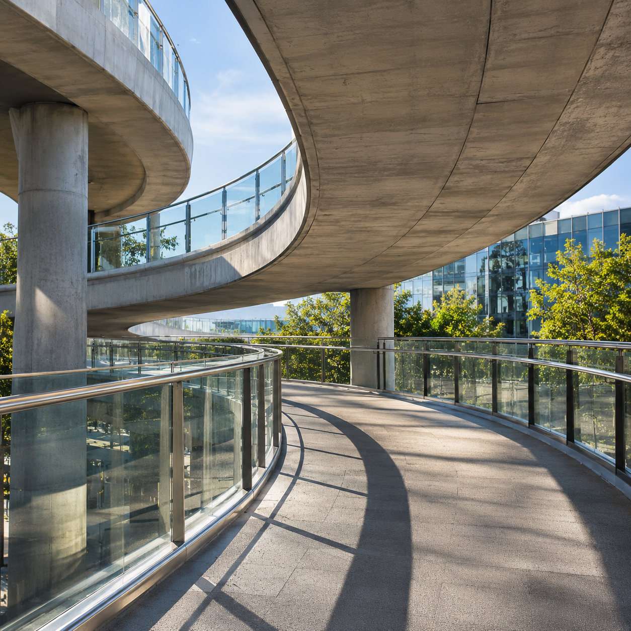Contemporary architectural walkway with sweeping curves and intersecting pathways, representing the natural flow of conversation and collaboration.